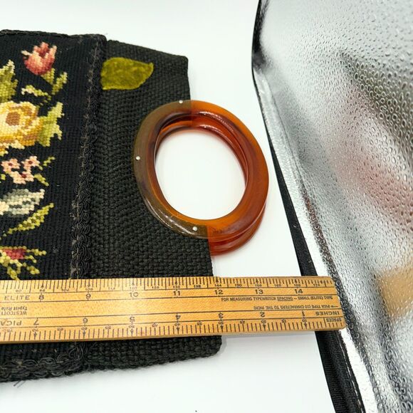 Vintage Black Floral Needlepoint Handbag Lucite Handle Tapestry Purse 60s 70s - Picture 7 of 8
